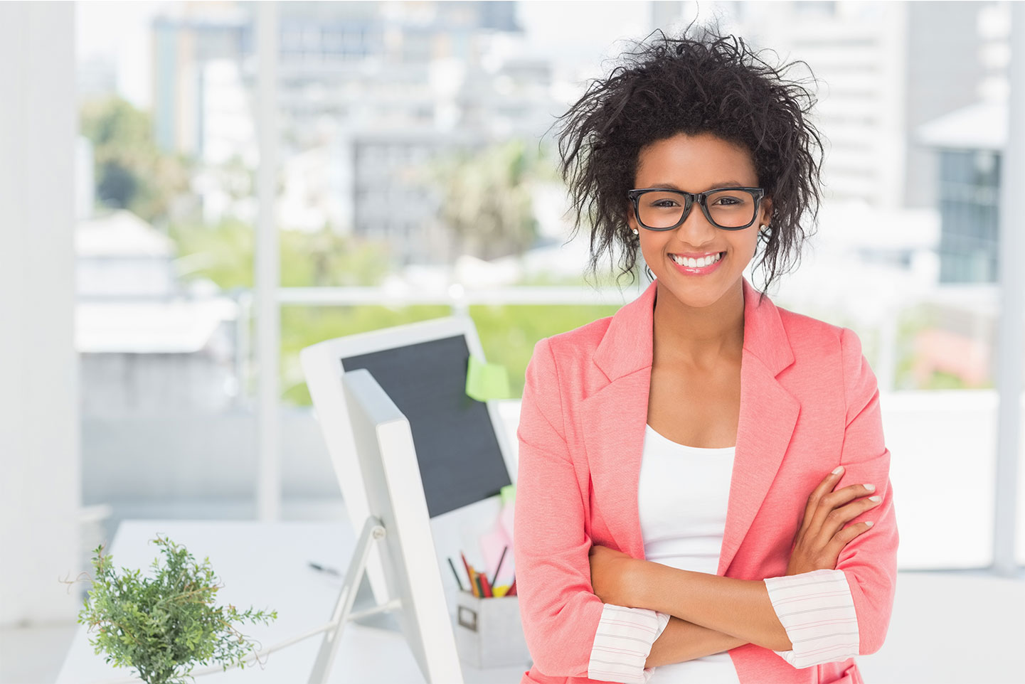 lady in office folding arms